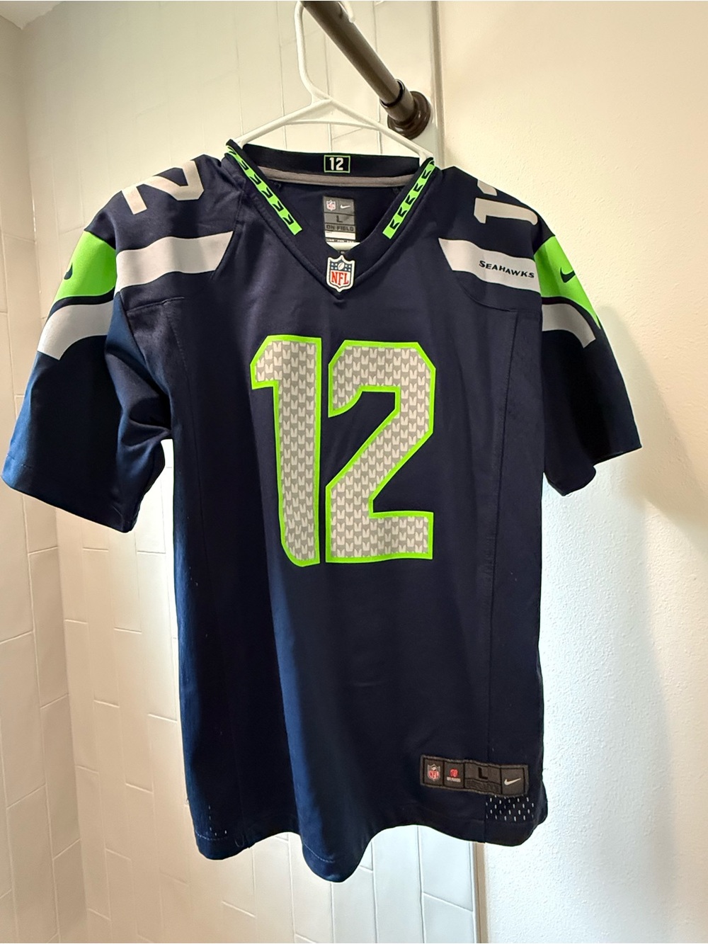 NFL Youth Large Seattle Seahawks Navy, Gray and Neon Green #12 Fan Jersey